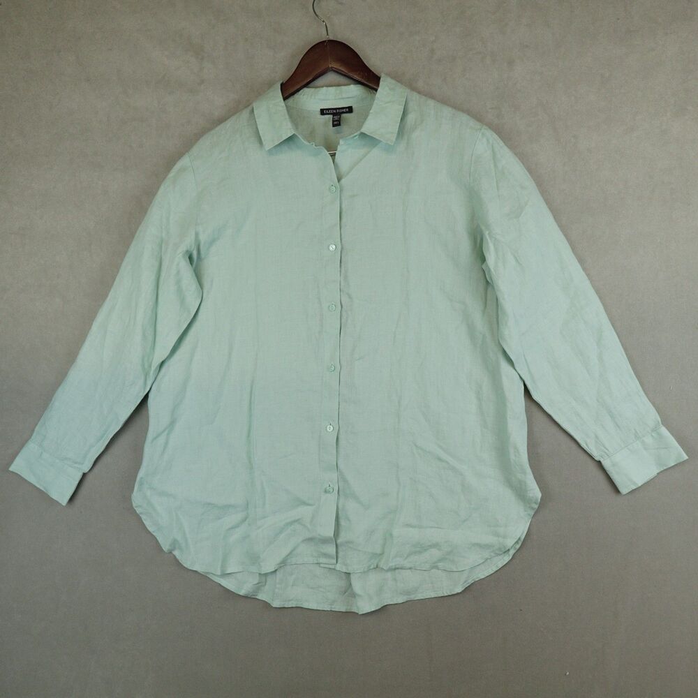 Eileen Fisher Shirt Organic Linen Button Front Long Sleeve Green Womens Large
